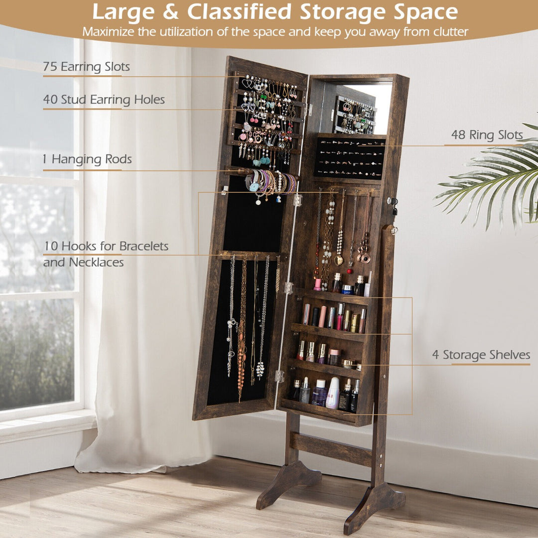 Freestanding Jewelry Cabinet with Hooks Full Length and Inner Mirror -Brown