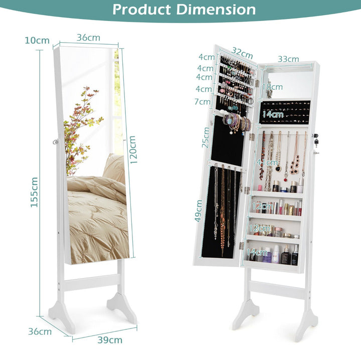 Freestanding Jewelry Cabinet with Hooks Full Length and Inner Mirror -White