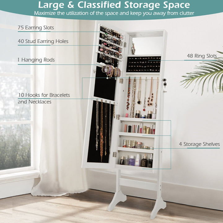 Freestanding Jewelry Cabinet with Hooks Full Length and Inner Mirror -White