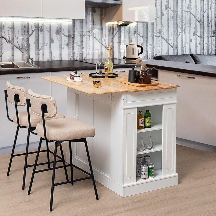 Drop-Leaf Kitchen Island with Extendable Worktop and Adjustable Shelves-White