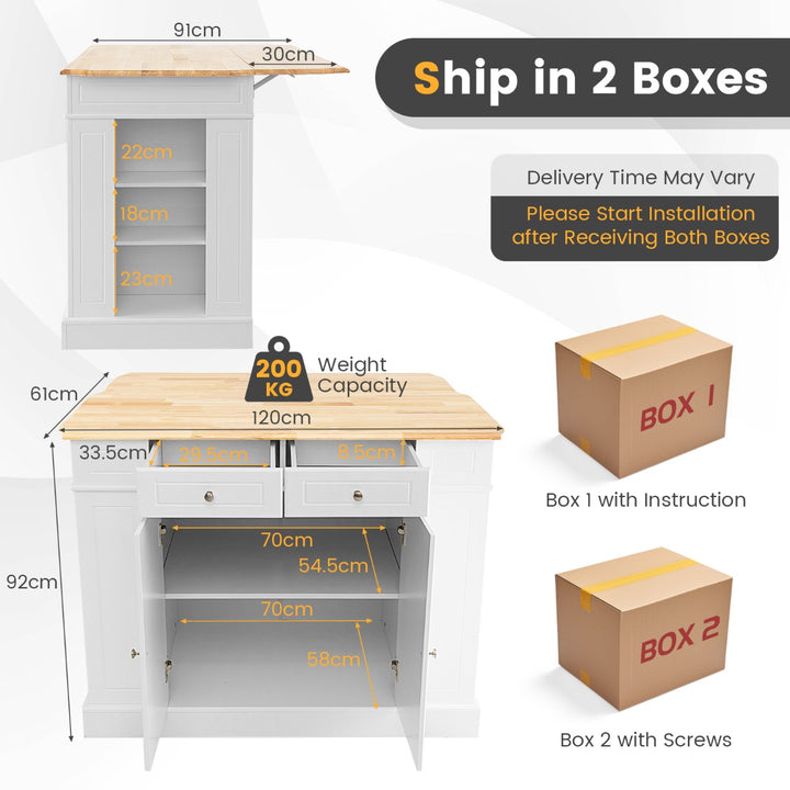 Drop-Leaf Kitchen Island with Extendable Worktop and Adjustable Shelves-White