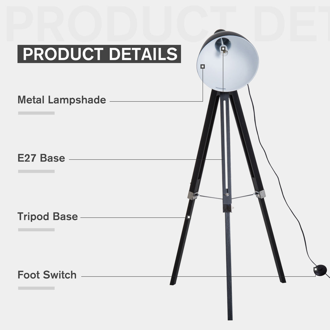 Industrial Floor Lamp for Living Room Tripod Spotlight Reading Lamp w/Wood Legs Metal Shade Adjustable Height Angle Black and White