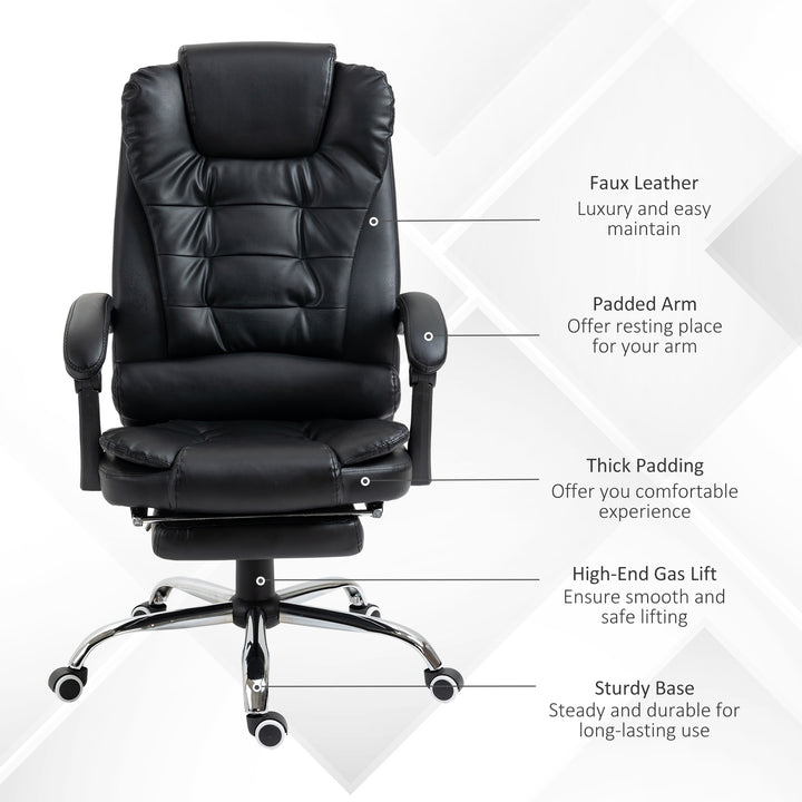 Executive Office Chair, All-round Adjustable PU Leather Home Office Chair with Swivel Wheels, Reclining Backrest, Retractable Footrest, Black