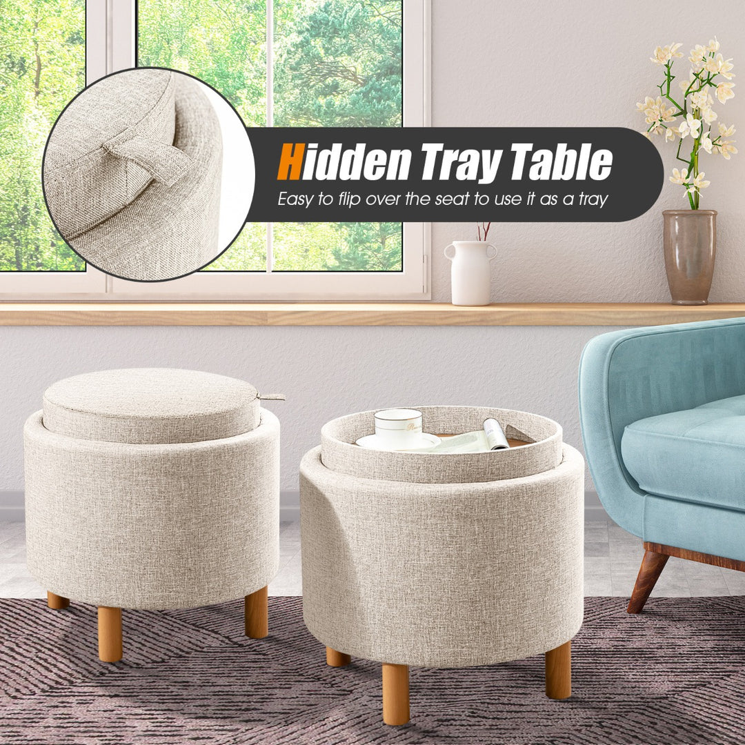 Modern Round Padded Storage Ottoman with Hidden Storage Space-Beige