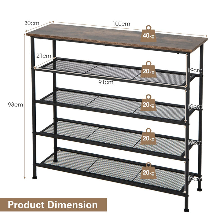 Shoe Storage Rack with Metal Mesh Shelves- Brown