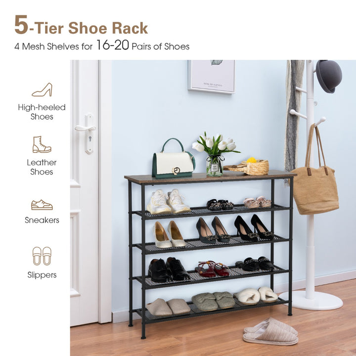 Shoe Storage Rack with Metal Mesh Shelves- Brown