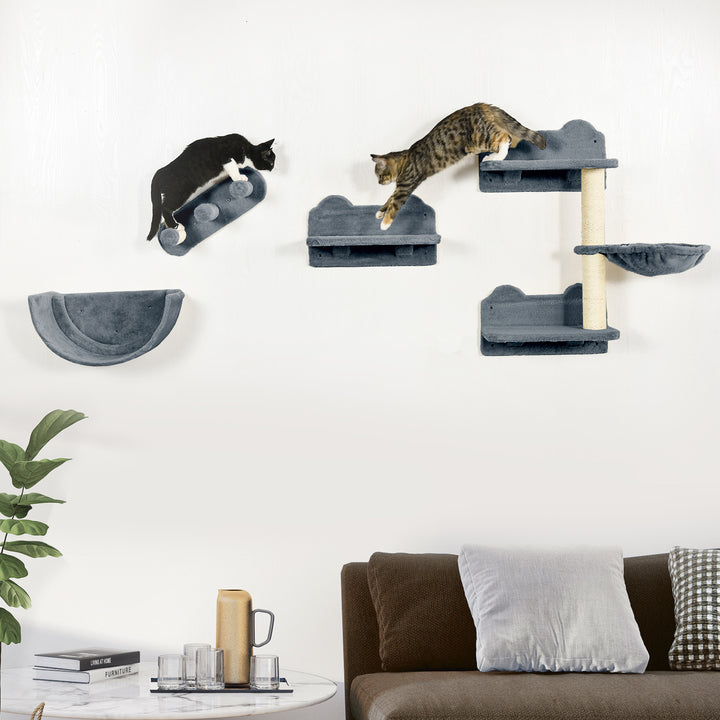 4PCs Wall-Mounted Cat Shelves w/ Scratching Post, Hammock, Nest, Grey and Cream