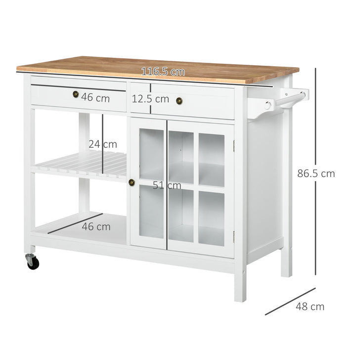 Modern Kitchen Island on Wheels, Kitchen Trolley Storage Cart with 2 Drawers, Cabinet, Towel Rack, Rubber Wood Top for Dining Room, White