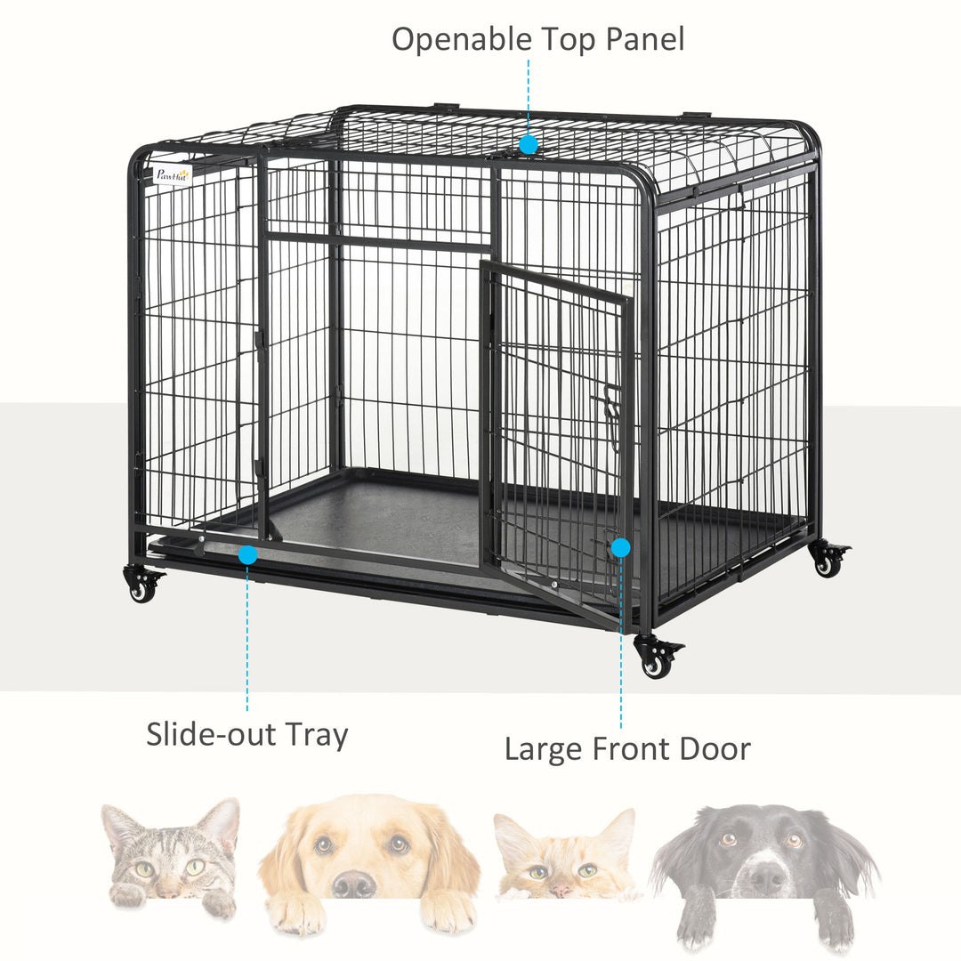 PawHut Heavy Duty Dog Crates Foldable Indoor Dog Kennel and Dog Cage Pet Playpen with Double Doors Removable Tray Lockable Wheels Openable Top