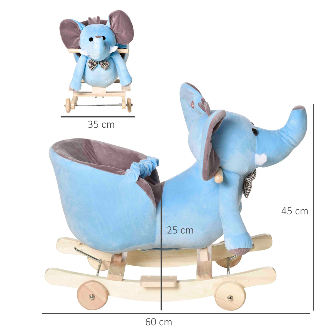 Plush Baby Ride on Rocking Horse Elephant Rocker with Wheels Wooden Toy for Kids 32 Songs (Blue)