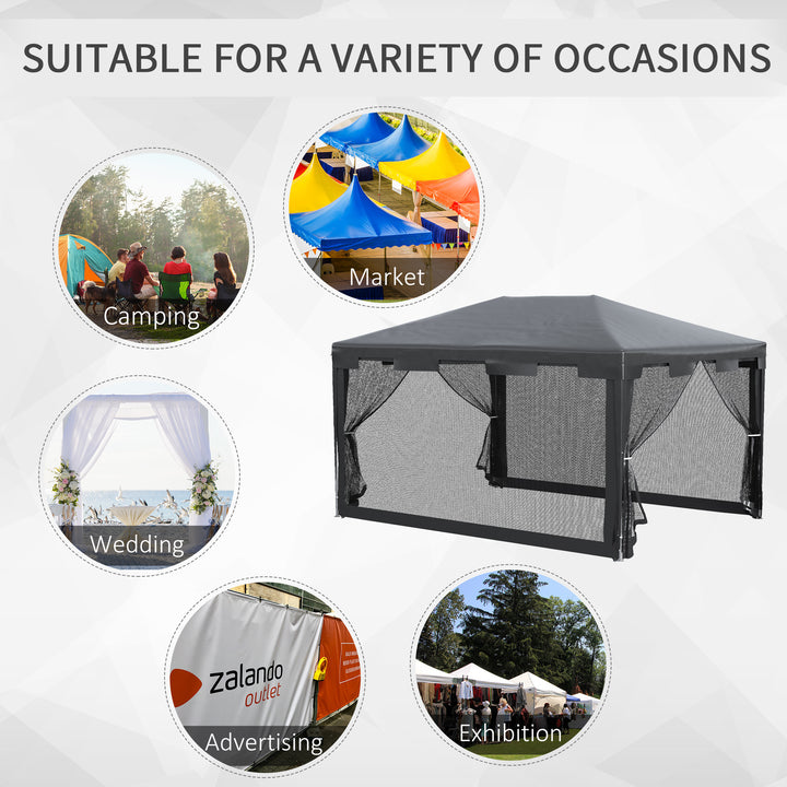 Outsunny 4 m x 3 m Gazebo Party Tent Outdoor Canopy Garden Sun Shade w/ Mesh Sidewalls, Dark Grey