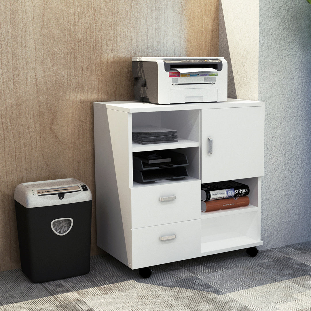 Mobile Storage Cabinet Sideboard Storage Trolley with Drawers 4 Shelves Lockable Wheels White