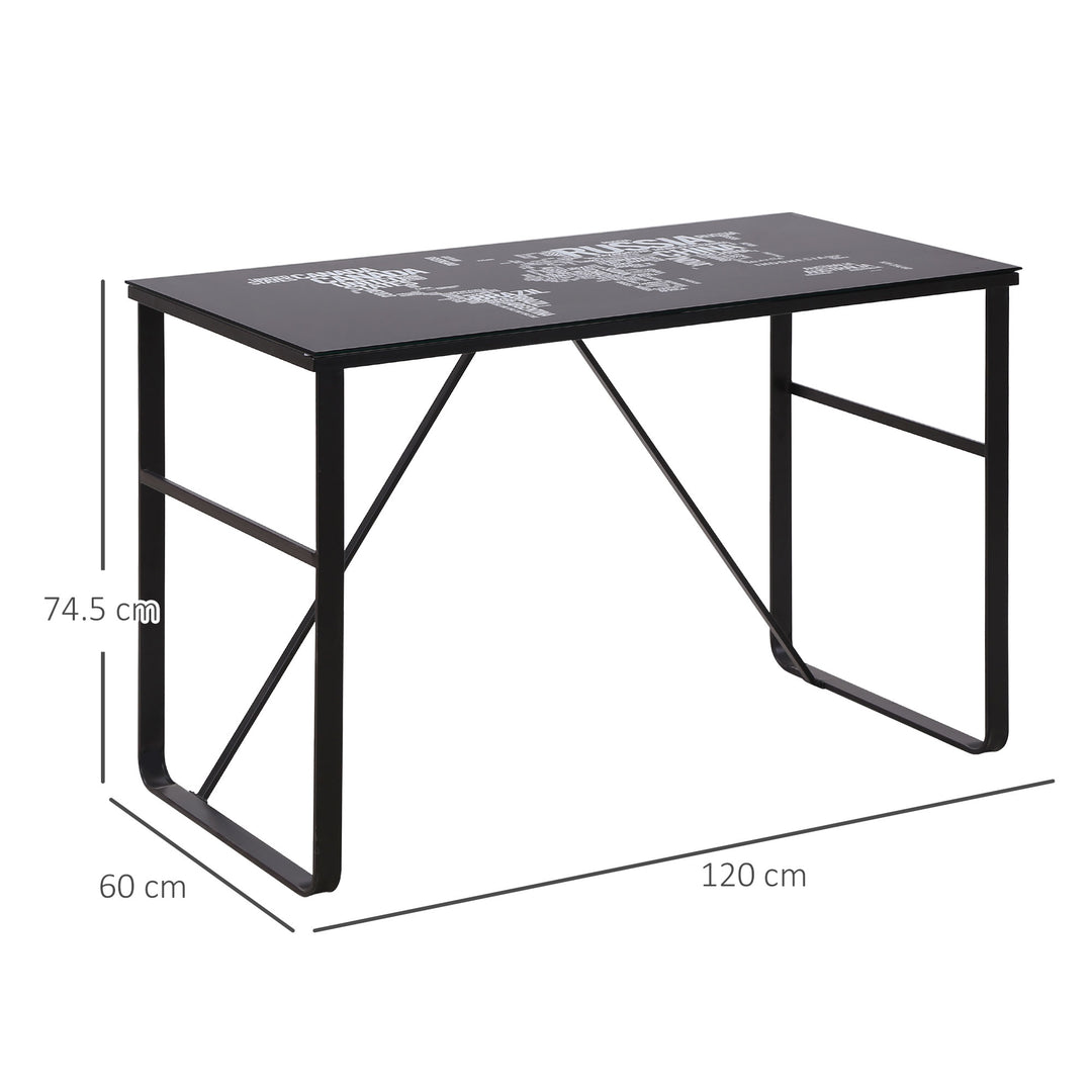 Glass Top Writing Desk with World Map Printing Working Station Home Office Table Gaming Desk Metal Frame Easy Assembly, Black
