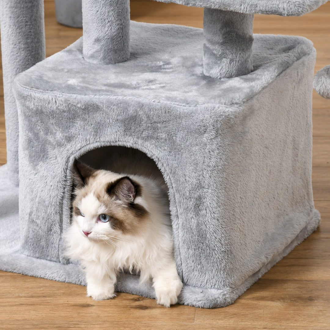 PawHut Cat tree Tower 114cm Climbing Activity Centre Kitten with Sisal Scratching Post Perch Hanging Ball Condo Toy Light Grey