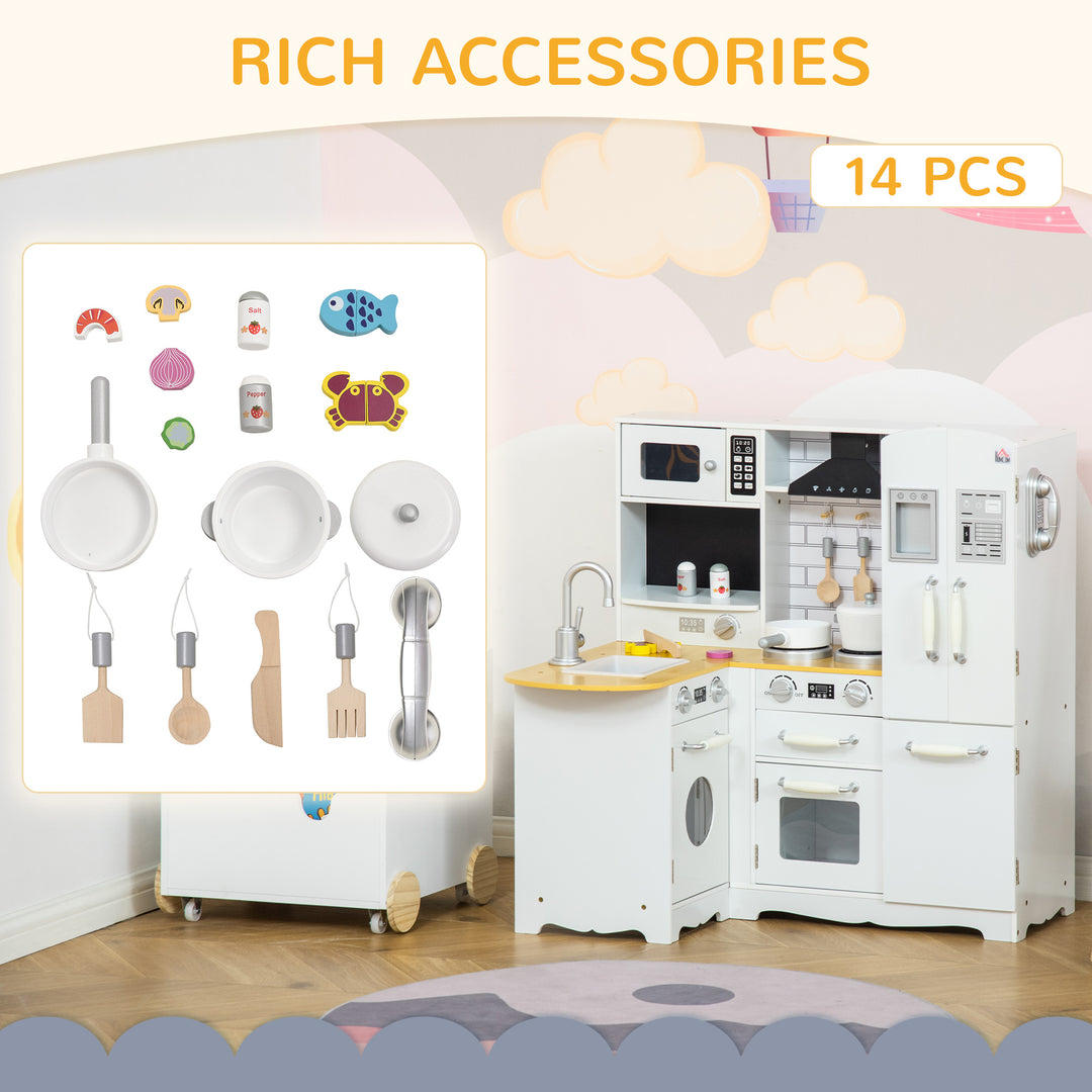Kids Wooden Kitchen, Large Pretend Role Play Kitchen With Realistic Refrigerator, Microwave, Oven, Range Hood, Sink, Telephone, Kids Play Kitchen Set with Sounds, Storage Space, White