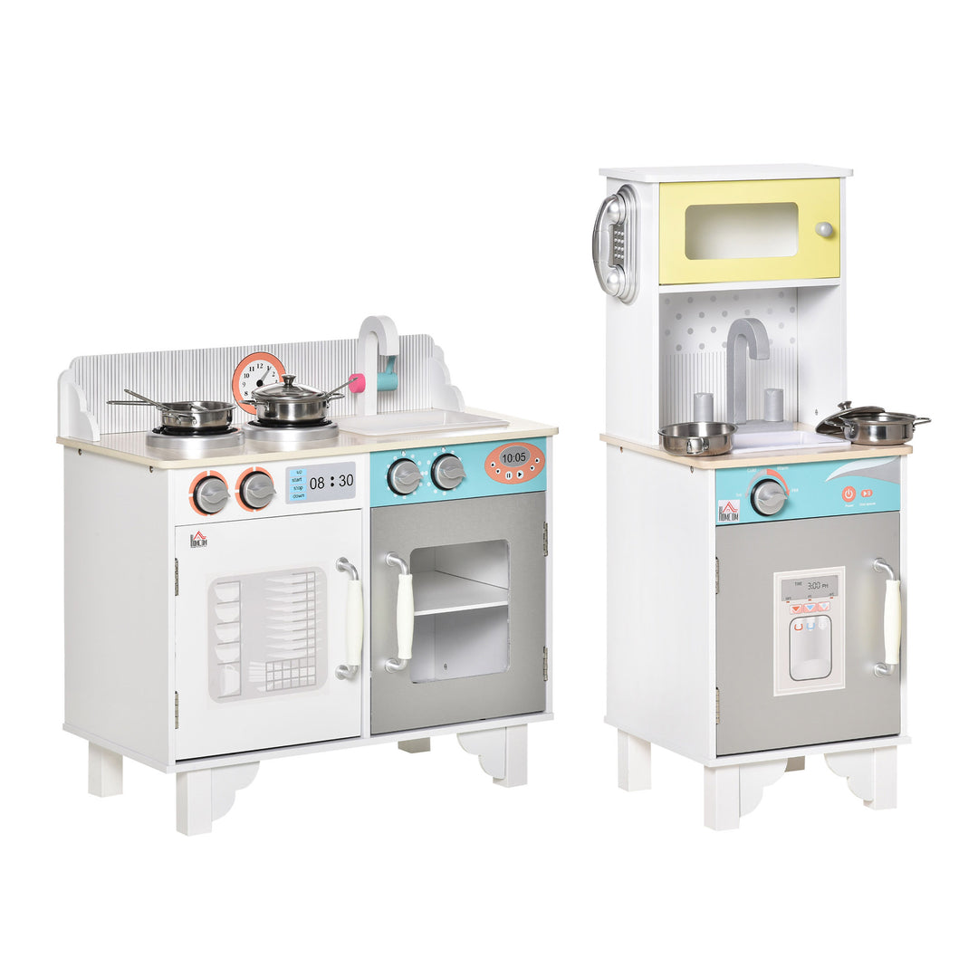 Two Kids Wooden Toy Kitchen Play Cooking Set Pretend Role Playset, with  Sink, Telephone, Storage Basket, for 3-6 Years Old