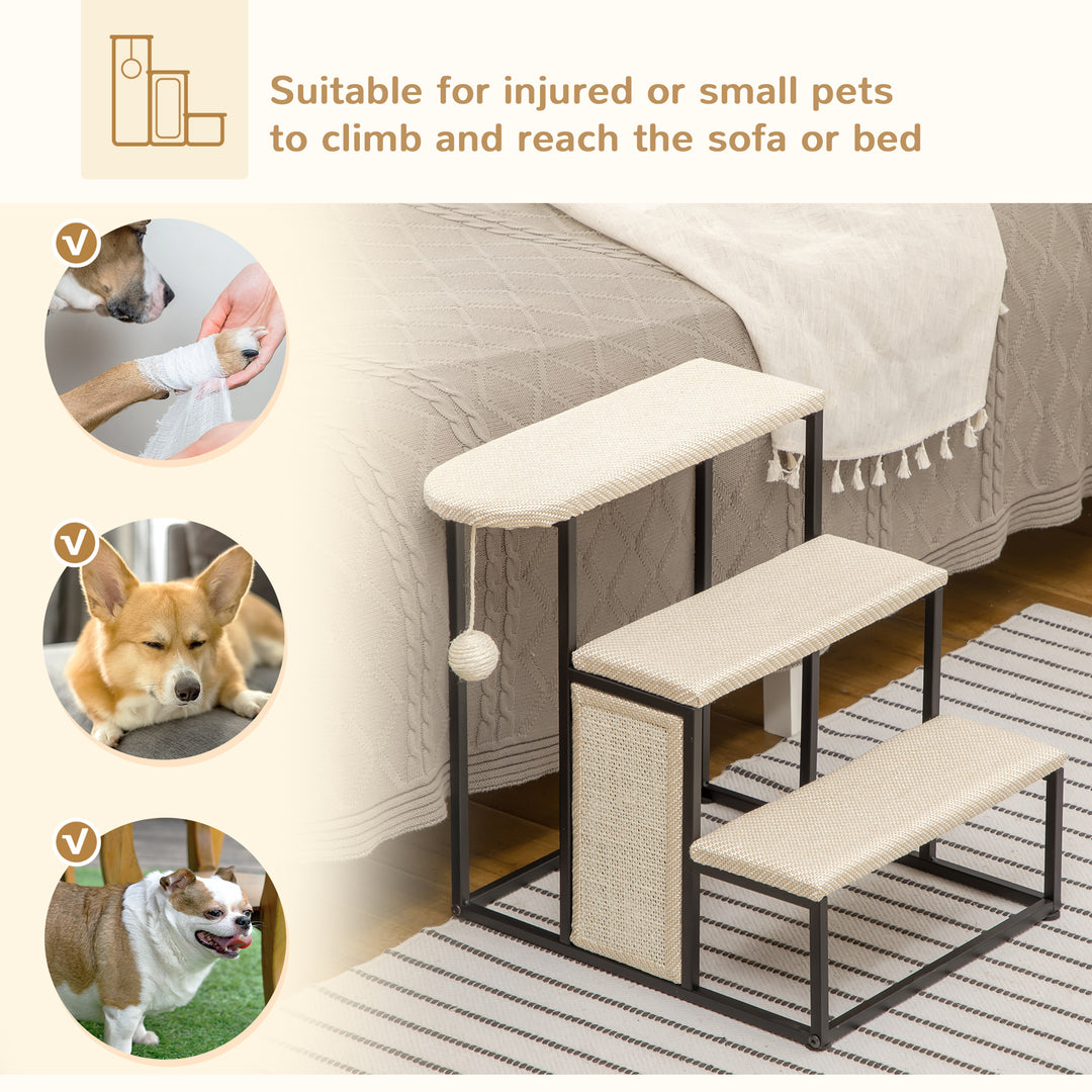 PawHut Cat Stairs, 3 Steps for Sofa, Pet Steps with Sisal Scratching Board and Hanging Ball, Steel Frame, 47 x 45 x 47 cm, Cream White