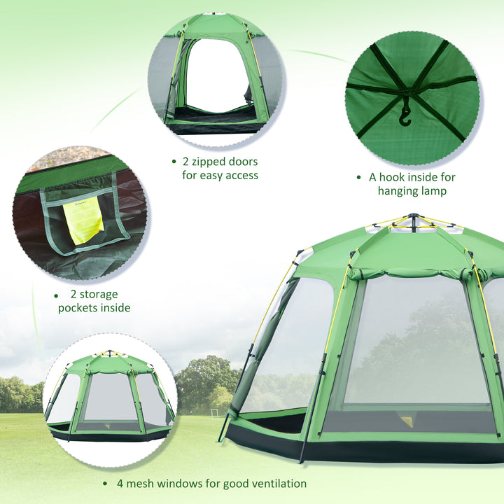 6 Person Pop Up Camping Tent, 2-Tier Design Backpacking Tent with 4 Windows 2 Doors Portable Carry Bag for Fishing Hiking, Green