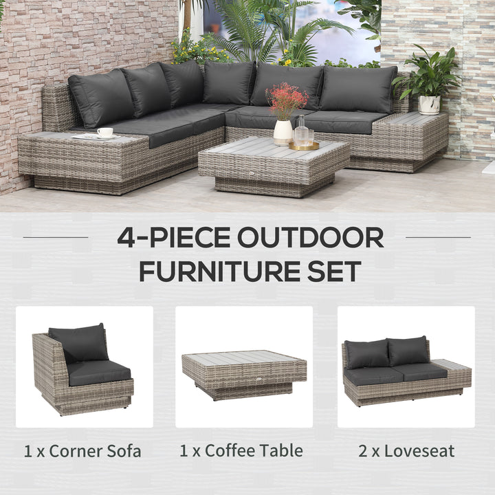 Outsunny 5-Seater Rattan Garden Furniture Outdoor Sectional Corner Sofa and Coffee Table Set  Conservatory Wicker Weave w/ Armrest Cushions, Light Grey