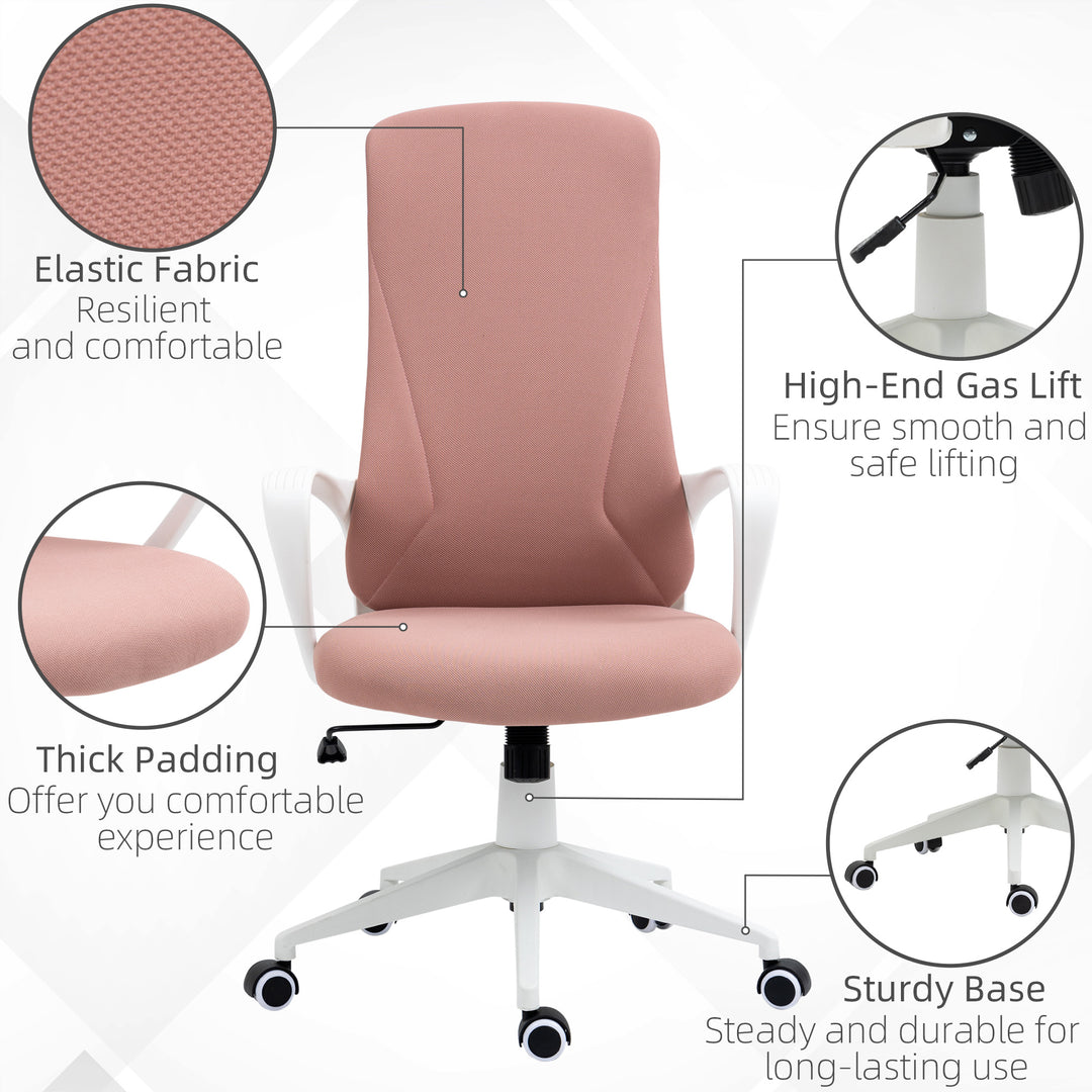 High-Back Office Chair, Elastic Desk Chair with Armrests, Tilt Function, Adjustable Seat Height, Pink