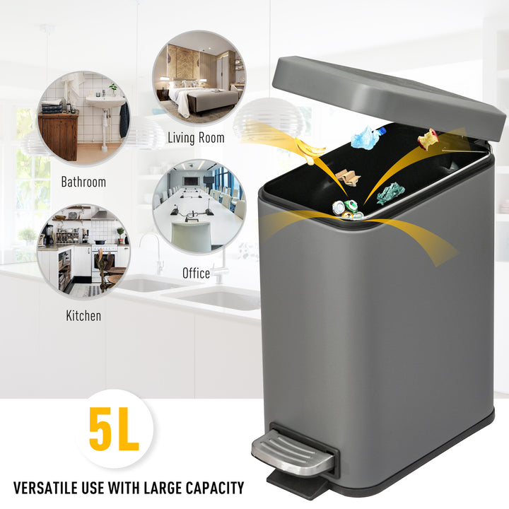 5L Rectangular Compact Bin Steel Body Removable Bucket Quiet-Close Lid w/ Pedal Lid Rubbish Trash Can Garbage Tidy Clean Grey