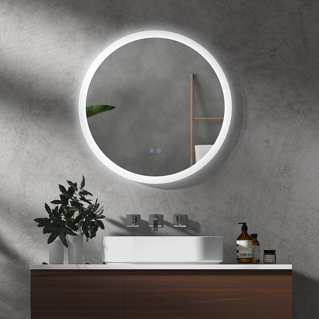 kleankin Round Illuminated Bathroom Mirrors w/ LED Lights, Wall Mount Mirror w/ 3 Colours, Anti-Fog, Memory Function & Aluminium, 70 x 70 cm
