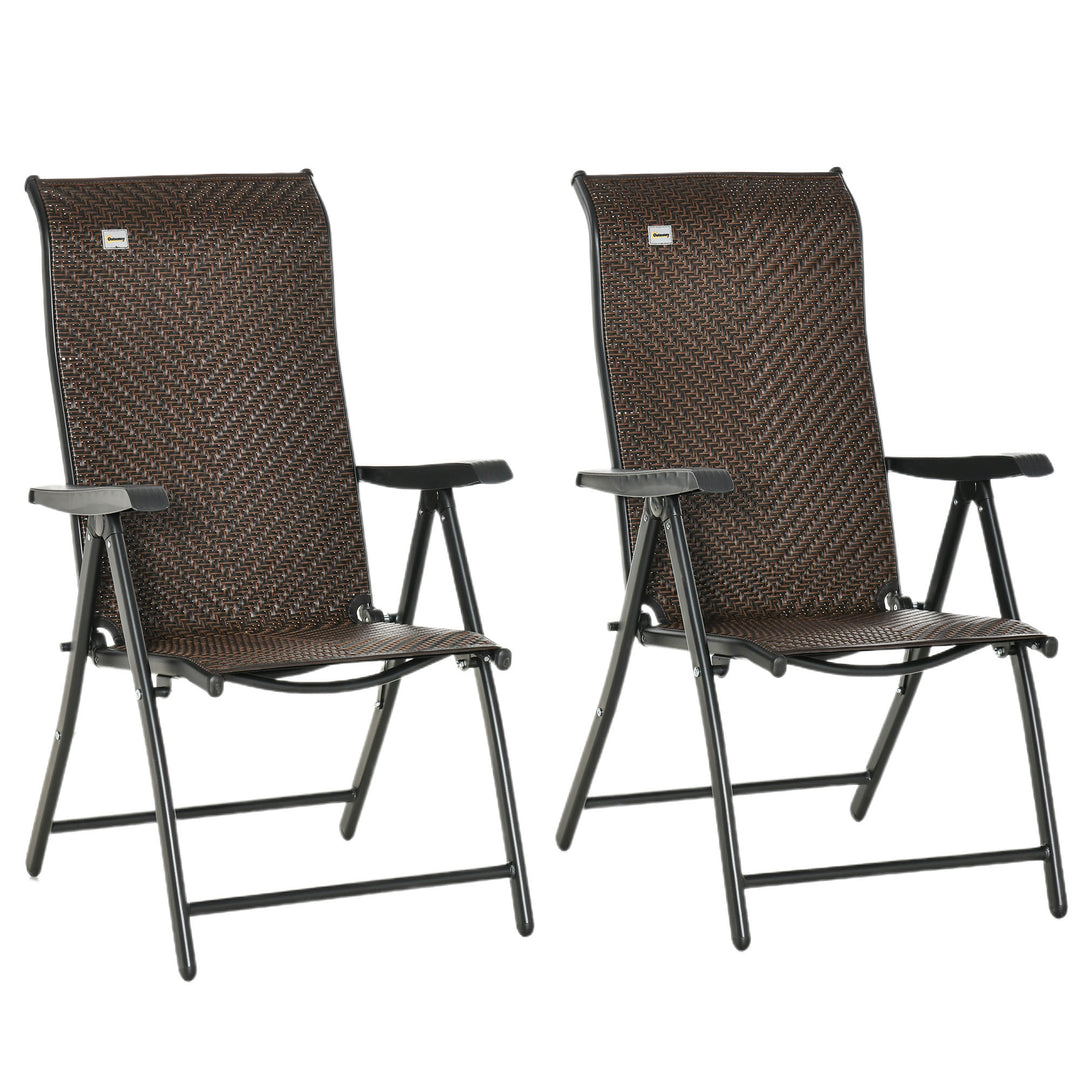 Set of 2 Outdoor Wicker Folding Chairs, Patio PE Rattan Dining Armrests Chair set with Adjustable Backrest, for Outdoors, Camping, Red Brown