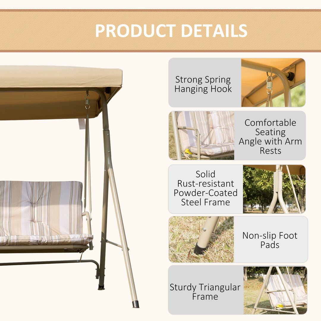 3 Seater Garden Swing Chair Patio Rocking Bench w/ Tilting Canopy, Removable Cushion, Light Brown Top, Brown