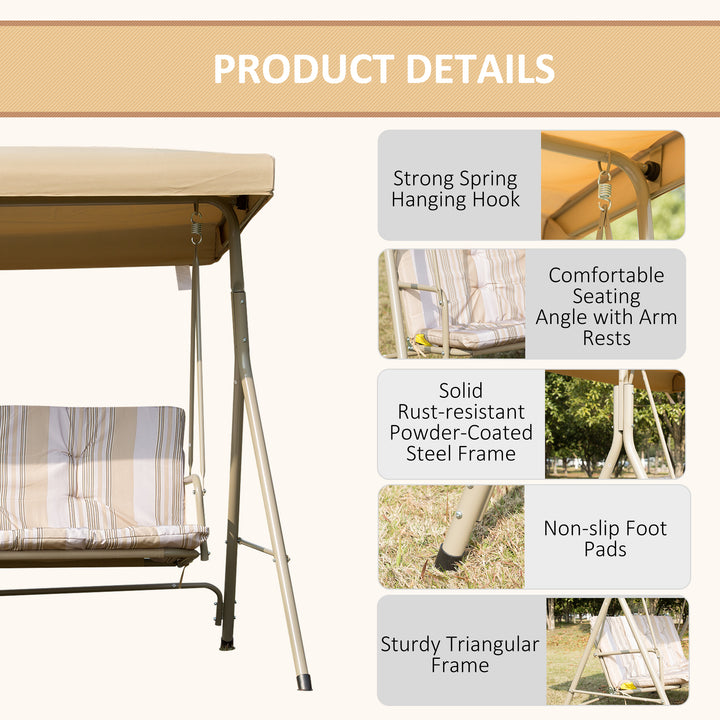 3 Seater Garden Swing Chair Patio Rocking Bench w/ Tilting Canopy, Removable Cushion, Light Brown Top, Brown