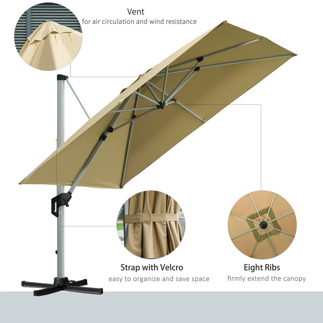 Outsunny 3 x 3(m) Cantilever Roma Parasol with Aluminum Frame Crank & Tilt, 360°Rotating Garden Umbrella 250g Polyester SunShade with CrossBase Beige