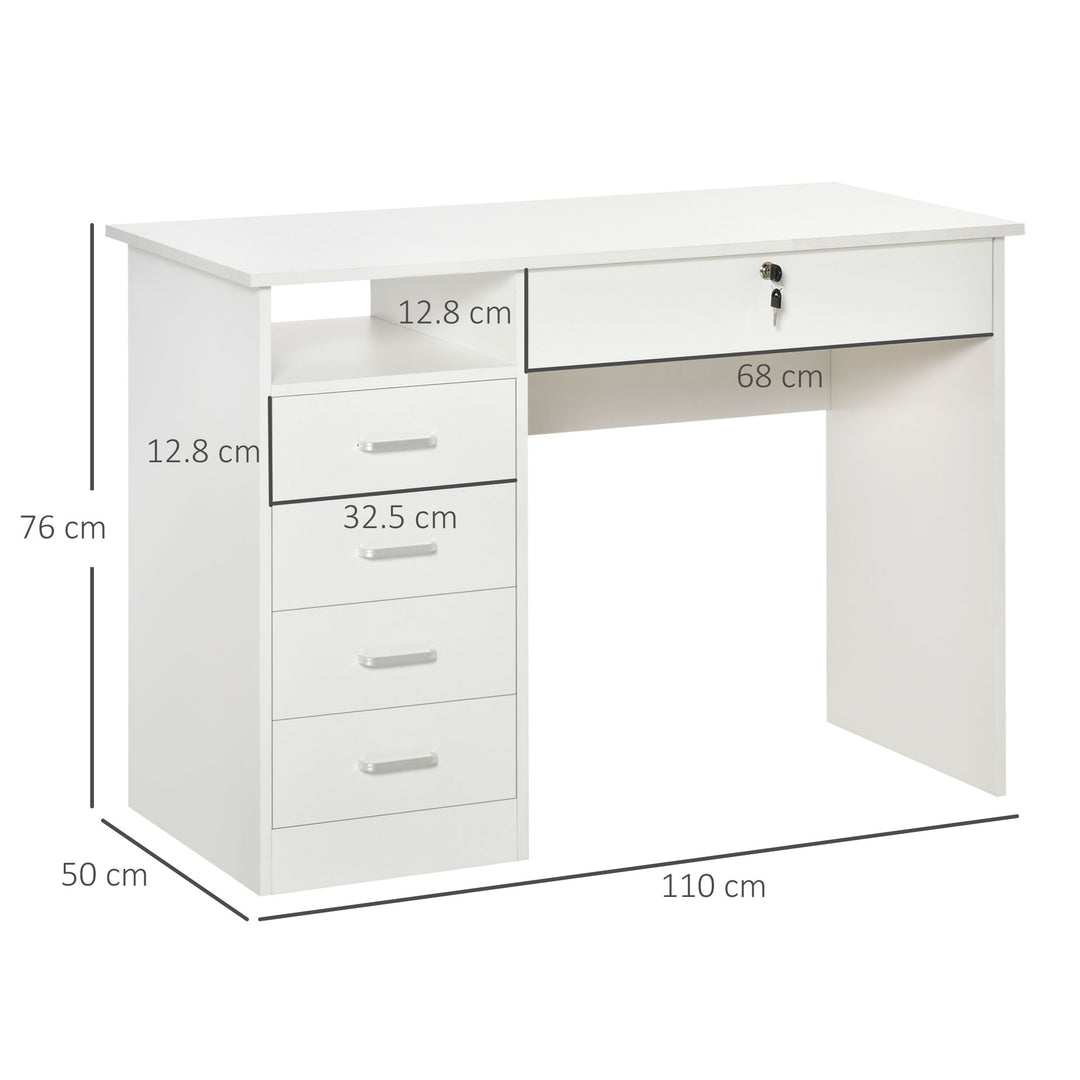 Computer Desk, Home Office Desk with Lockable Drawer, Storage Shelf for Study Bedroom, 110 x 50 x 76 cm, White