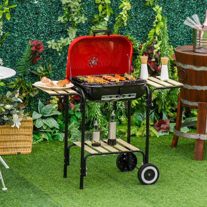 Charcoal Grill Trolley Charcoal BBQ Barbecue Patio Camping Picnic Garden Party Outdoor Cooking with Lid Wheels Side Trays and Storage Shelf