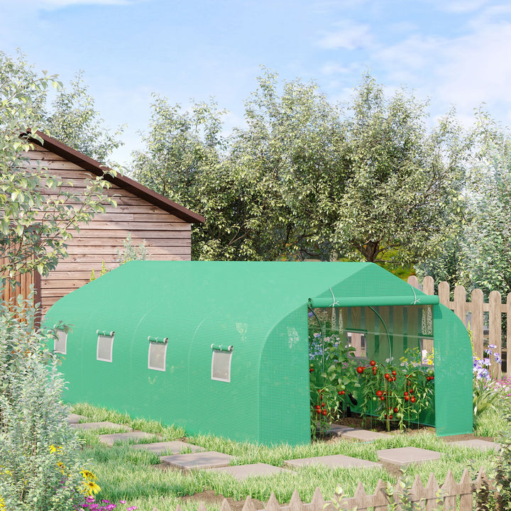 6 x 3 m Large Walk-In Greenhouse Garden Polytunnel Greenhouse w/ Metal Frame, Zippered Door and Roll Up Windows, Green