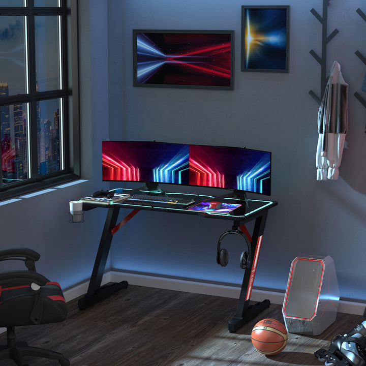 HOMCOM LED Gaming Desk, 120cm Racing Style Computer Table with Lights Cup Holder Headphone Hook Cable Management E-Sport Study Workstation – Black