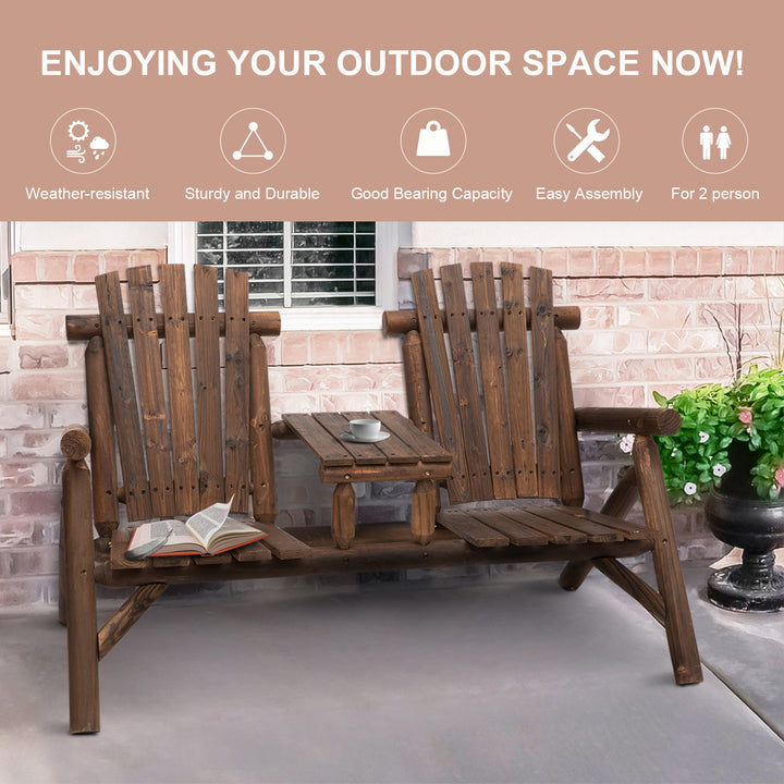 Wood Patio Chair Bench 2 Seats with Center Coffee Table, Garden Loveseat Bench Backyard, Perfect for Lounging Relaxing Outdoors, Carbonized