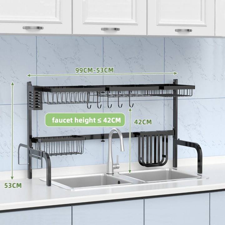 2-Tier Over The Sink Dish Drying Rack with Utensil Holder and 5 Hooks