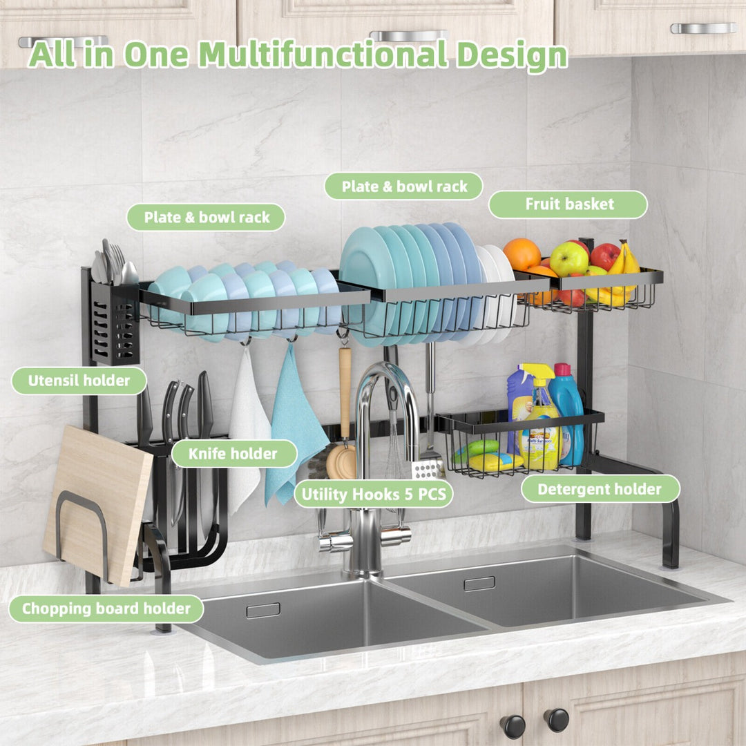 2-Tier Over The Sink Dish Drying Rack with Utensil Holder and 5 Hooks