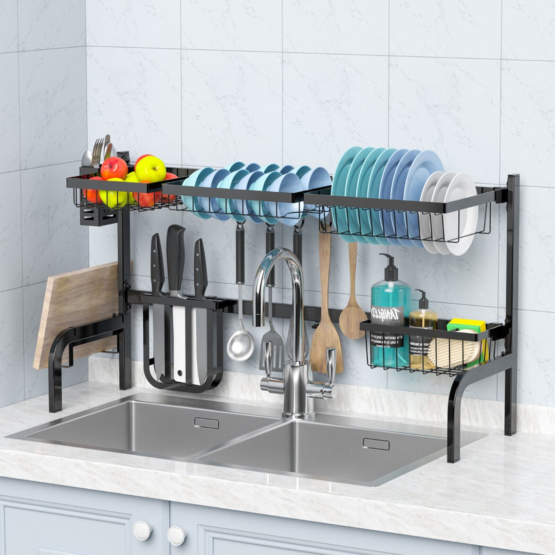 2-Tier Over The Sink Dish Drying Rack with Utensil Holder and 5 Hooks