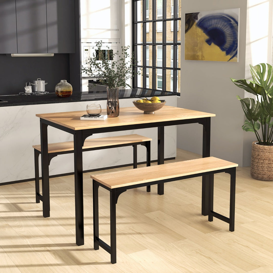 Space-Saving Dining Table Set with 2 Benches-Natural