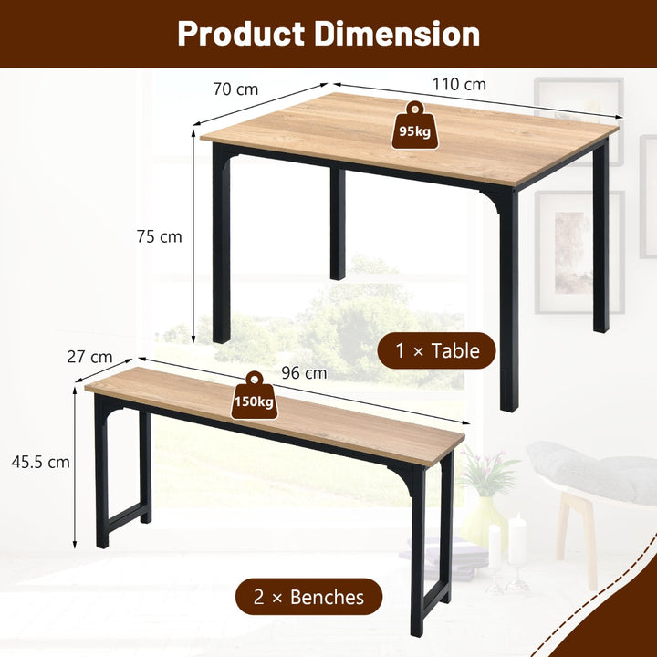 Space-Saving Dining Table Set with 2 Benches-Natural