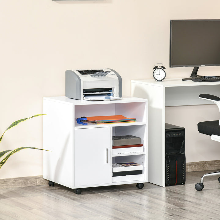 HOMCOM Multi-Storage Printer Stand Unit Office Desk Side Mobile Storage w/ Wheels Modern Style 60L x 50W x 65.5H cm - White