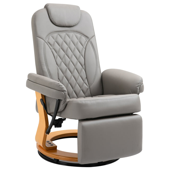 HOMCOM PU Recliner Chair with Footrest, Headrest, Round Wood Base, Lounge Reading Armchair for Living Room, Bedroom, Office, Grey