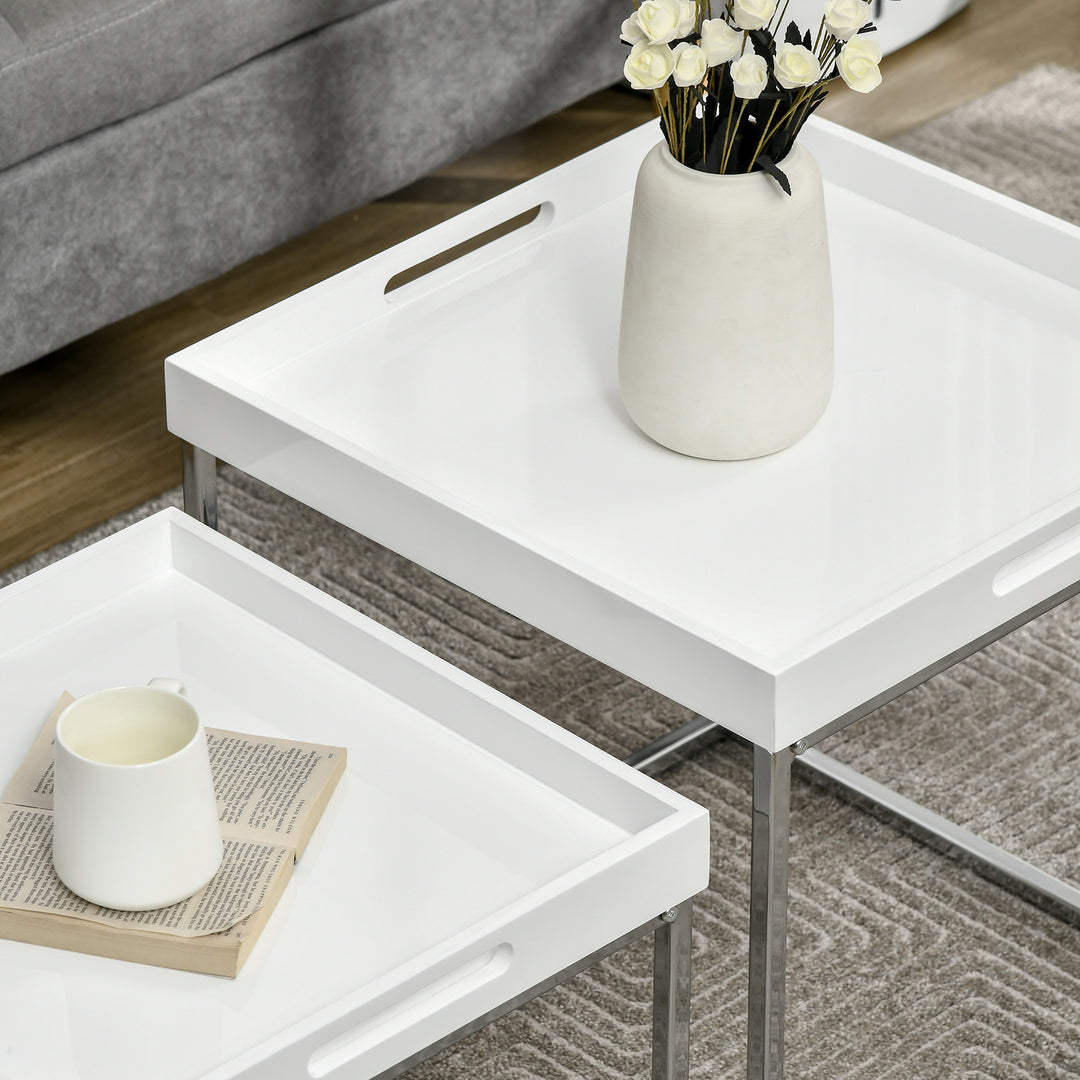 Modern Coffee Table Set of 2, Square Nest of Tables with Steel Frame and High Gloss Effect for Living Room, White