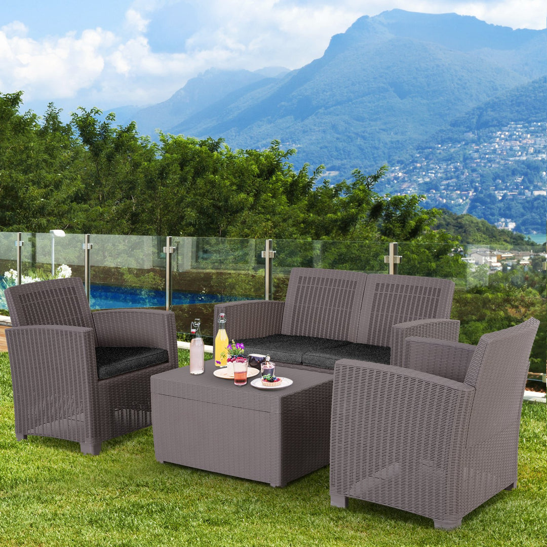 4-Seater Outdoor Garden PP Rattan Effect Furniture Set w/ Cushion Grey