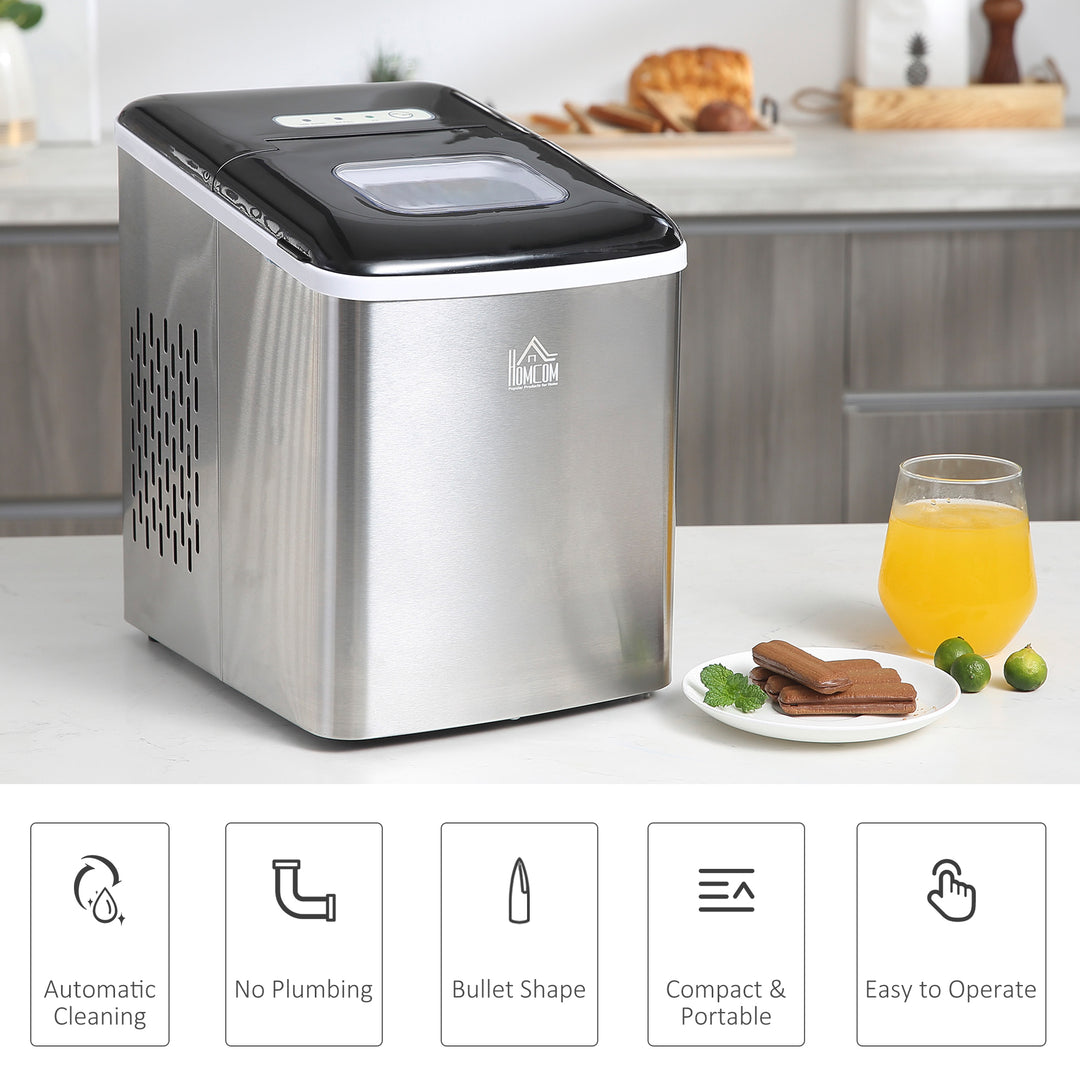 Ice Maker Machine, Counter Top Ice Cube Maker for Home 12kg in 24 Hrs 1.8L with Self Cleaning Function Scoop and Basket Stainless Steel Black