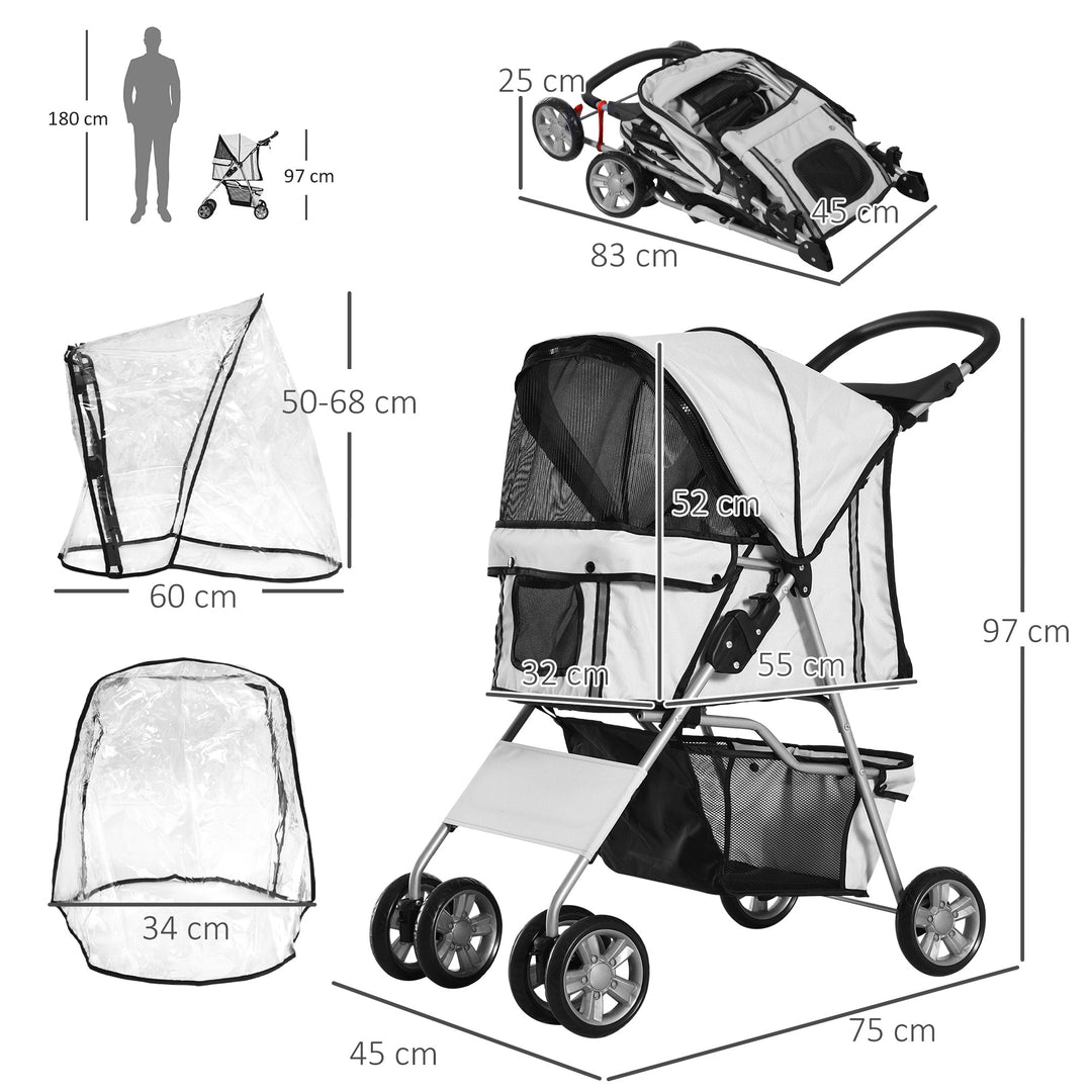 PawHut Dog Stroller with Rain Cover for Small Miniature Dogs, Folding Pet Pram with Cup Holder, Storage Basket, Reflective Strips, Grey