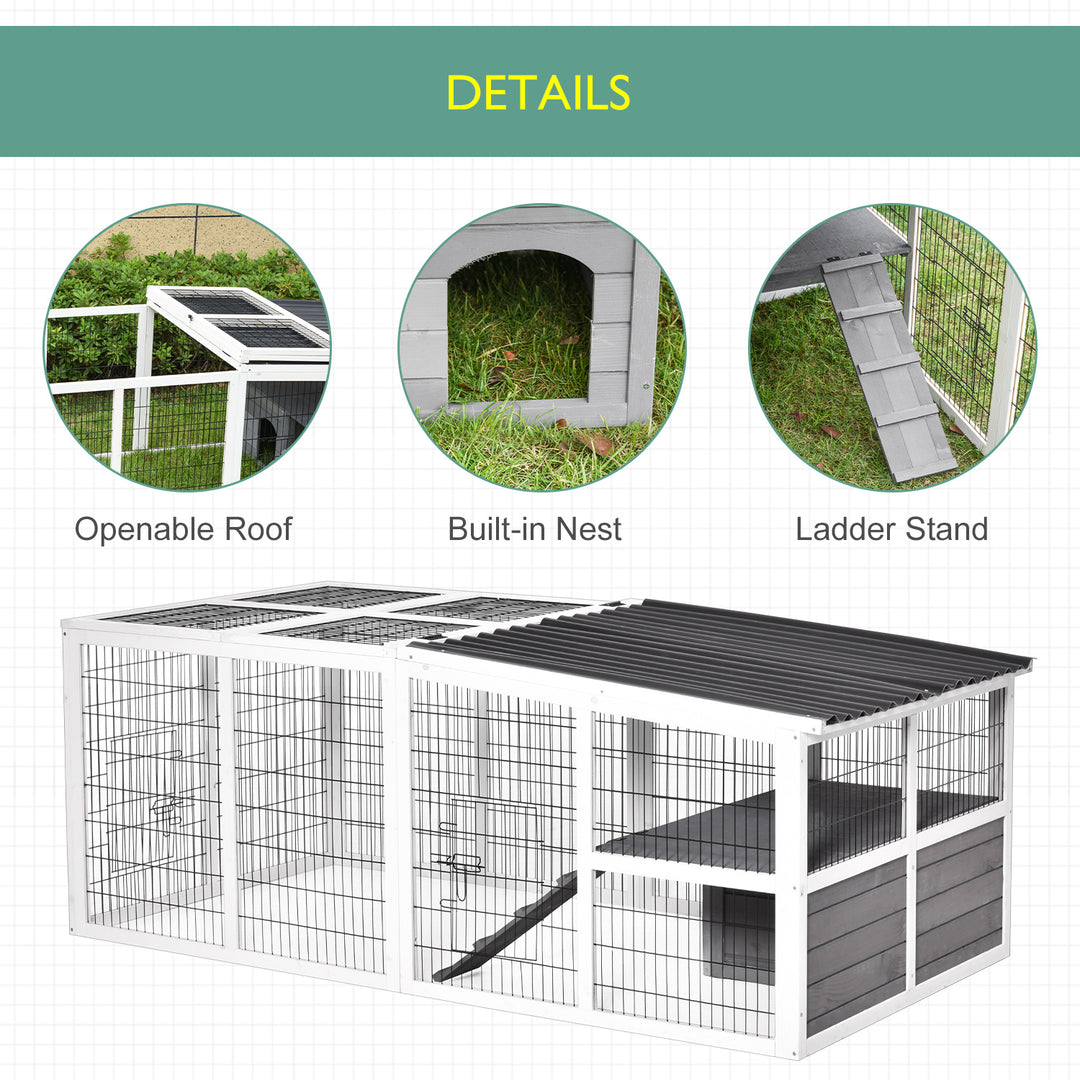 PawHut Indoor Outdoor Wooden Rabbit Hutch Small Animal Cage Rabbit Run Cover, with Hinge roof and Water-repellent Paint, Grey