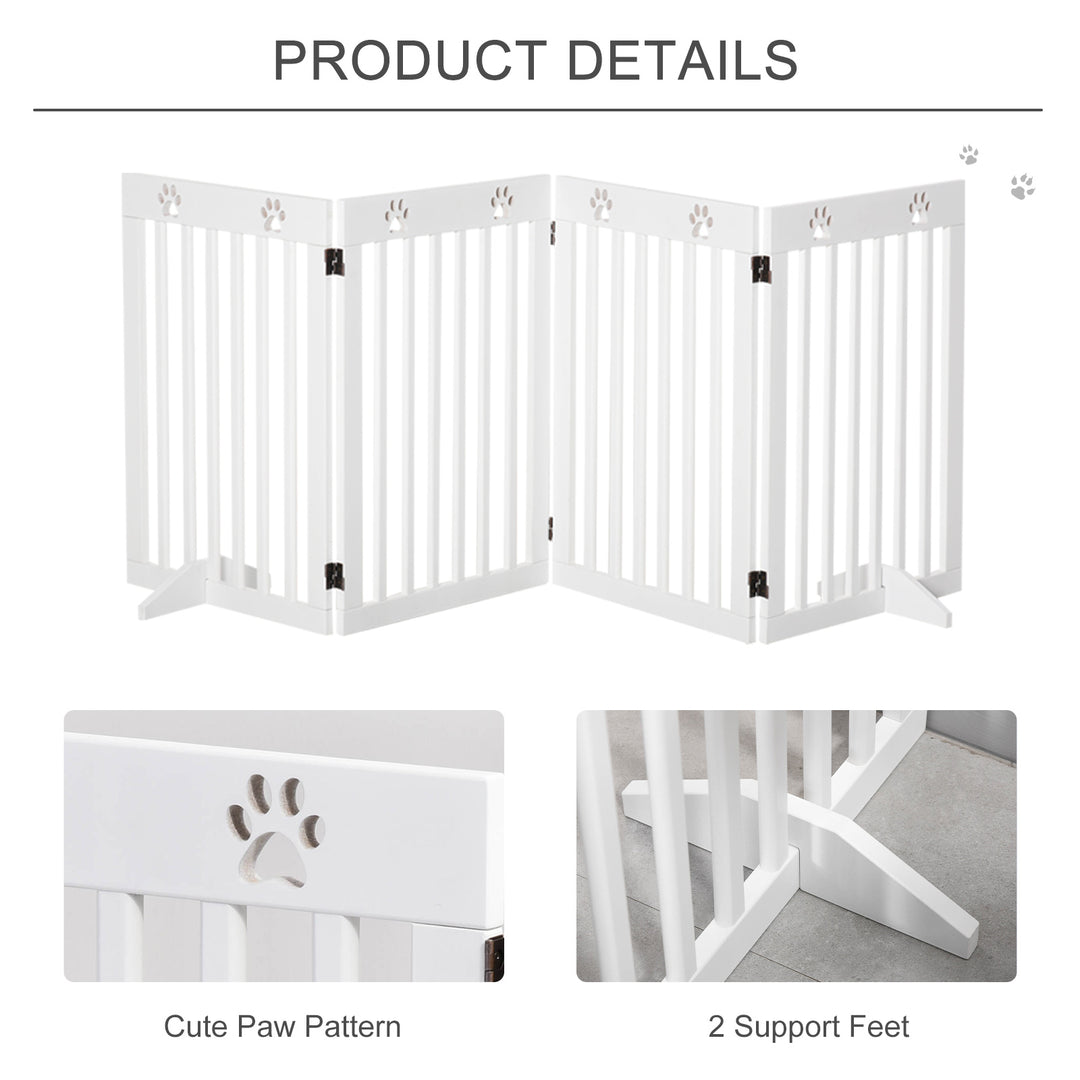 PawHut Pet Gate 4 Panel Wooden Foldable Fence Freestanding Dog Safety Barrier with 2 Support Feet for Doorways Stairs 80'' x 30'' White