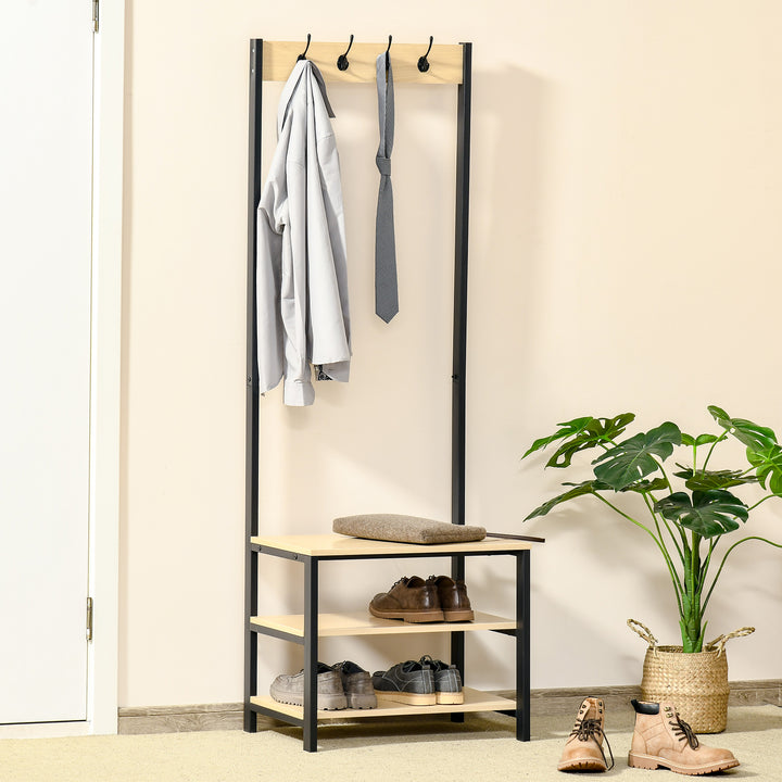 4 Hooks Wooden Garment Rack Freestanding Coat Rail Storage Shelves Metal Tidy Shoes Clothes Stand Entryway Furniture - 60L x 40W x 175H (cm)