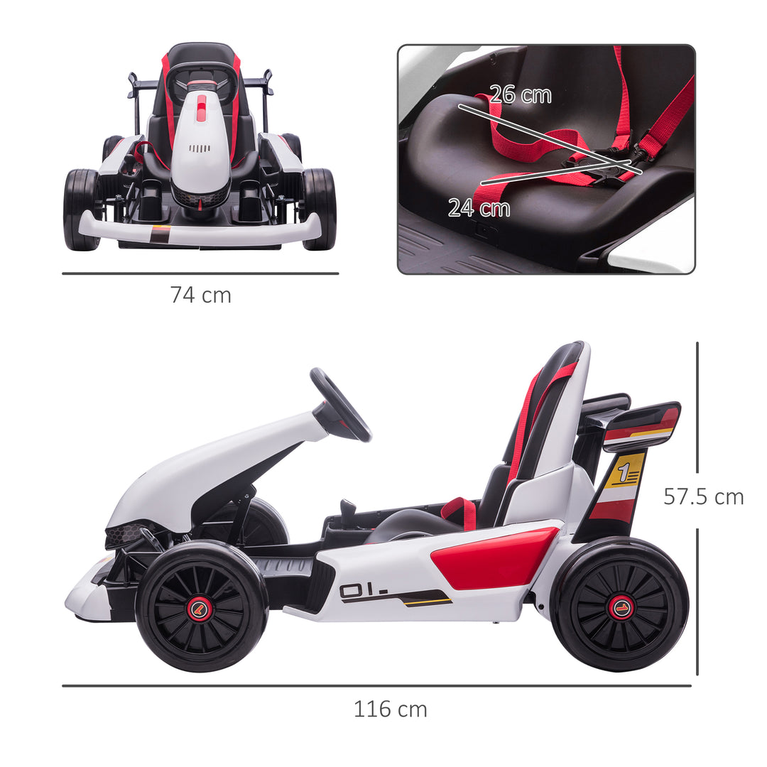 Electric Go Kart with Adjustable Footrest, Reversing Steering Wheel, Kids Ride-On Racing Go Kart with 12V Rechargeable Battery 2 Speeds White